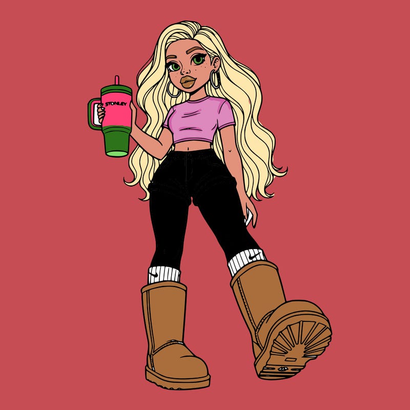 short girl with long wavy hair short shorts crop top wearing uggs and nike socks holding a stanley cup has earing and big lips she's short and really cute