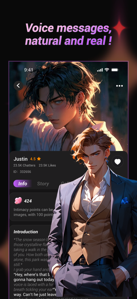 Cupid AI: Virtual Companion - Interface of Cupid AI showing a virtual male character profile with natural voice message features.