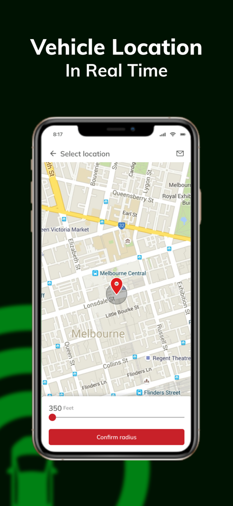 경계 반경 선택 도구가 있는 지도에서 실시간 차량 위치를 보여주는 Freeman Toyota Connect 앱 스크린샷