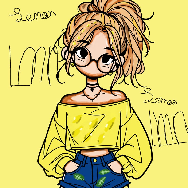 girl with a messy ponytail glasses a baggy crop top and jean shorts