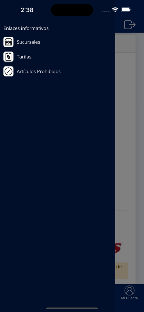 Liberty Express App side menu showing information links for branches rates and prohibited items