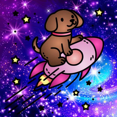 thin and crisp lines dog riding a comet through space for coloring book
