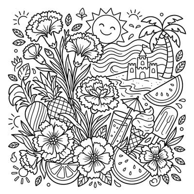 Celebrate the joys of summer with this delightful coloring page featuring lush scented carnations alongside a vibrant array of tropical fruits and beach elements. It's the perfect canvas to infuse with your favorite hues for a relaxing and creative escape.