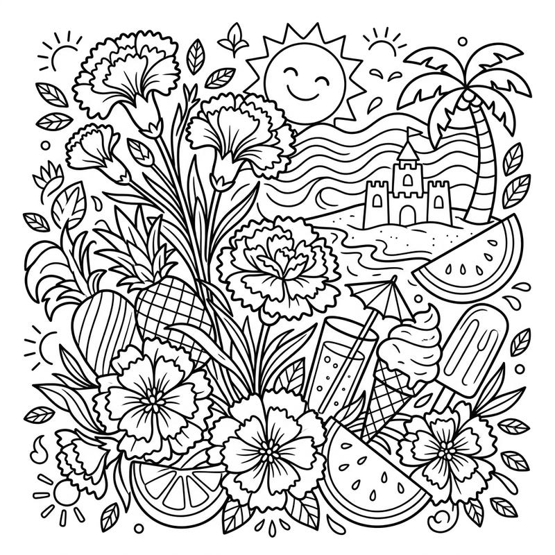 Celebrate the joys of summer with this delightful coloring page featuring lush scented carnations alongside a vibrant array of tropical fruits and beach elements. It's the perfect canvas to infuse with your favorite hues for a relaxing and creative escape.