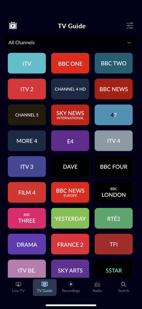 TeeVeeing app TV Guide showing a grid of European television channels including BBC One ITV and France 2