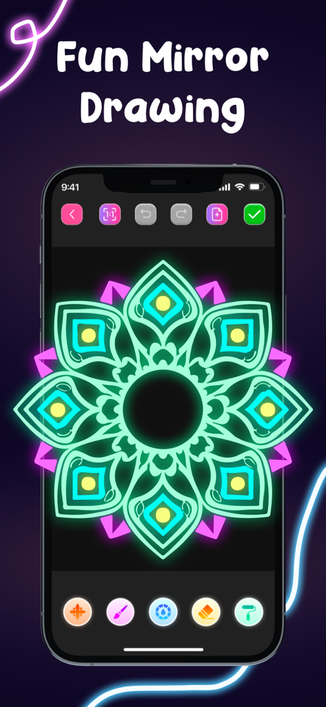 Doodle Art: Neon Glow Drawing - Symmetrical neon mandala created with the mirror drawing feature on a smartphone