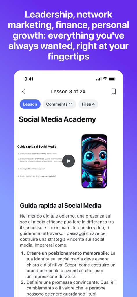 Click Academy - Social media marketing lesson screen in the Click Academy app