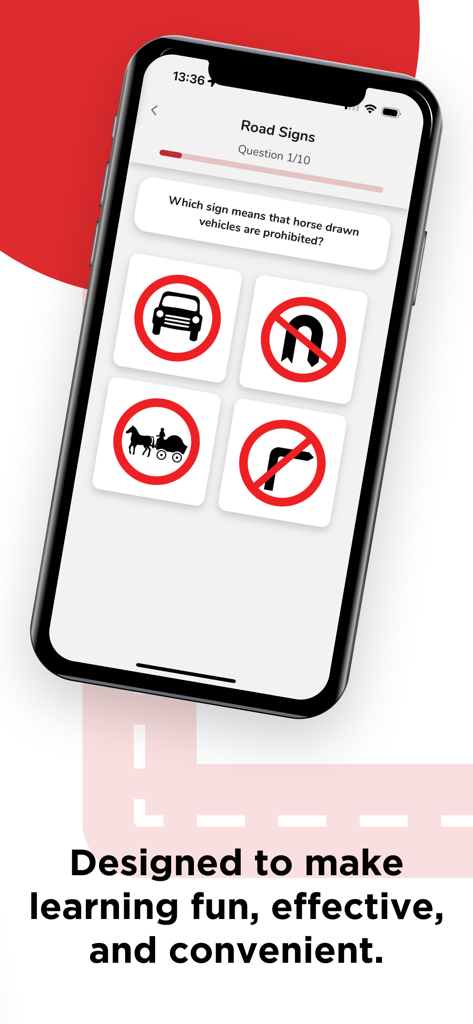 Learn to Drive with RED - A quiz interface in the Learn to Drive with RED app showing a question about road signs and four visual options