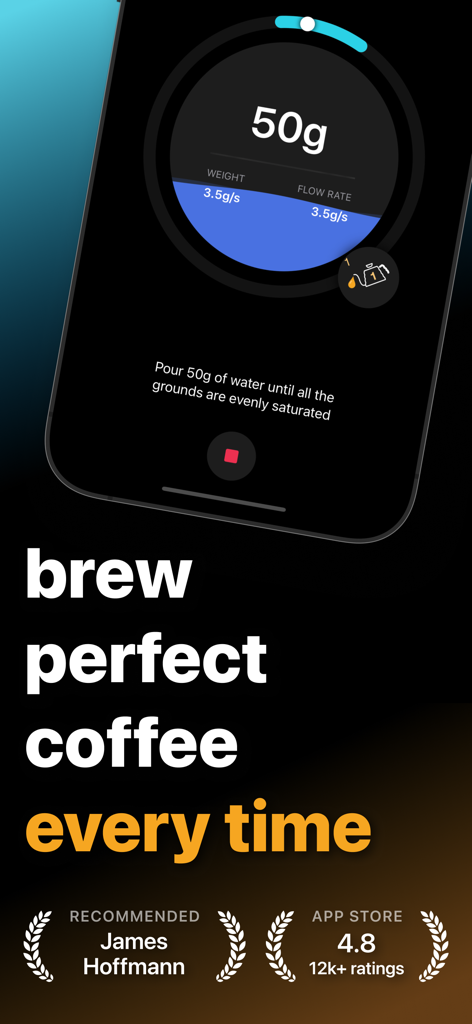 Filtru: Brew the best coffee - Filtru app interface showing a precision coffee brewing guide with real time flow rate tracking and a recommendation by James Hoffmann