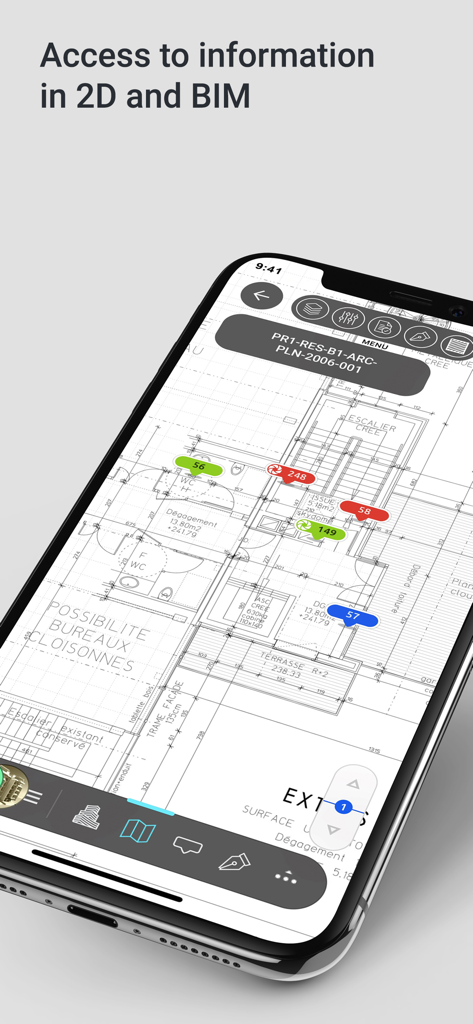 Kairnial - Un smartphone affichant un plan d'étage de construction 2D avec des épingles de statut dans l'application Kairnial