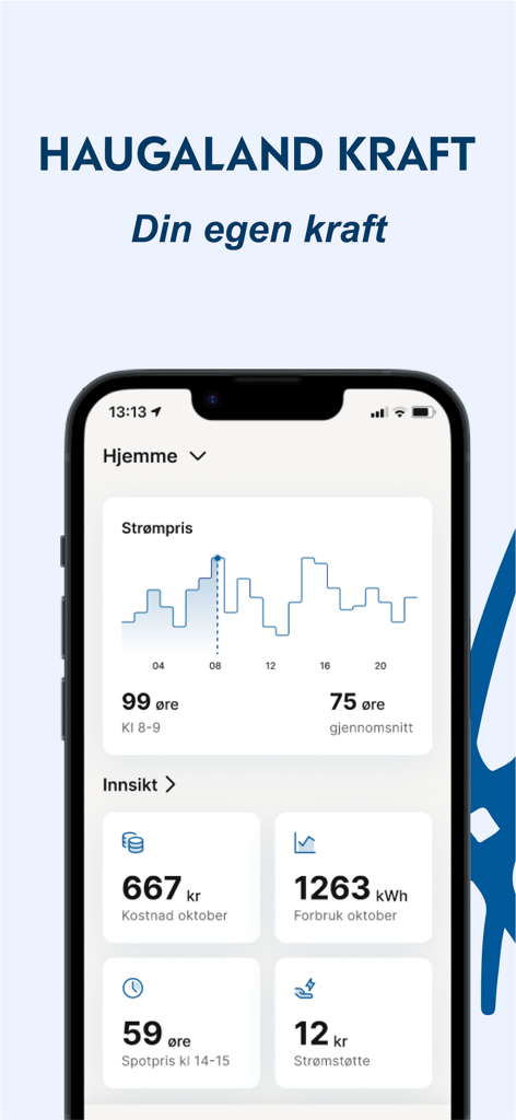 Mitt Hjem - Haugaland Kraft - Écran de smartphone montrant l'application Mitt Hjem avec des graphiques de prix de l'électricité et des informations sur les coûts de l'énergie