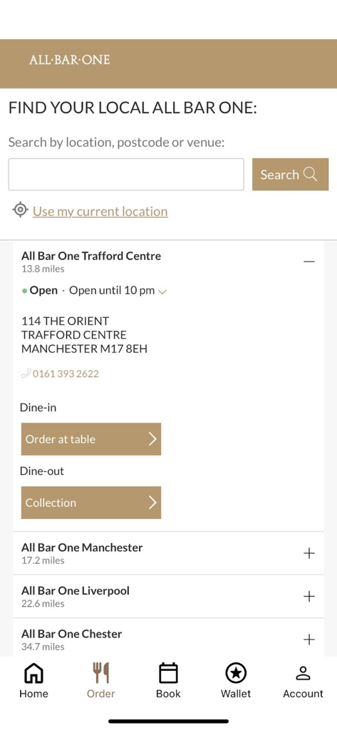 All Bar One - All Bar One Mobile App Bildschirm, der eine Standortsuche für Restaurants mit Optionen zur Bestellung am Tisch oder zur Abholung anzeigt
