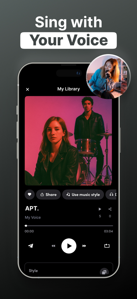 AI Song Generator - Zona - Interface of Zona AI music app showcasing the sing with your voice feature for professional song creation