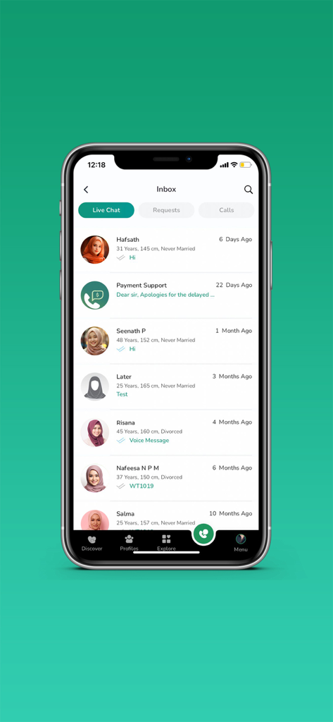 Way To Nikah: Muslim Matrimony - The inbox interface of the Way To Nikah Muslim Matrimony app displaying messages and profile details from potential matches.