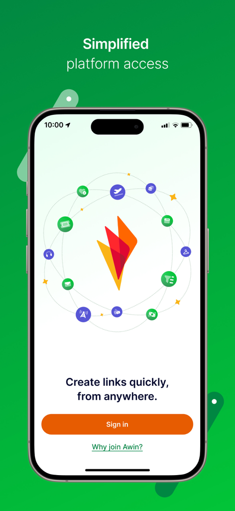Schermata di benvenuto dell'app di affiliate marketing Awin su un iPhone che mostra lo slogan Crea link velocemente da qualsiasi luogo