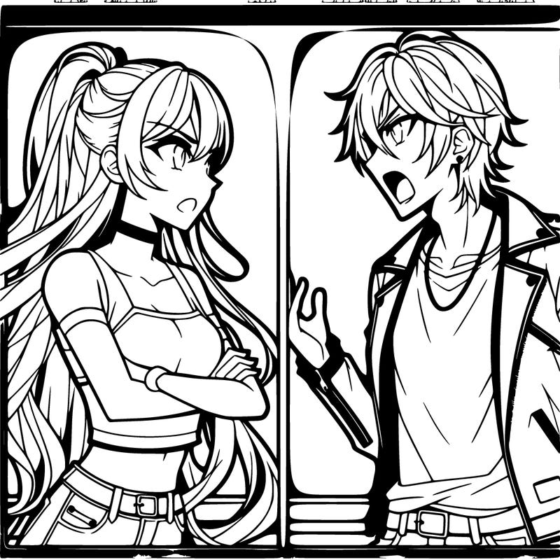 anime girl with long hair wearing a crop top and a cropped jacket and an anime guy with short hair wearing a leather jacket arguing