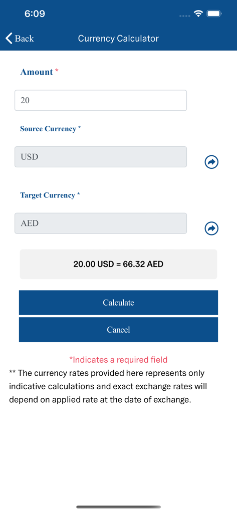 Currency calculator interface in the NBK International Mobile app showing conversion from USD to AED