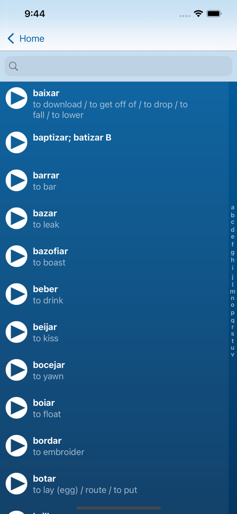 Portuguese Verbs Trainer - Searchable dictionary of Portuguese verbs with English translations and audio play buttons