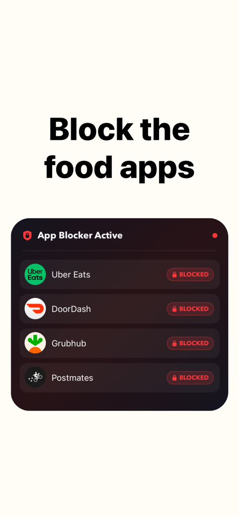 Photo Calorie: AI Food Scanner - Interface of the app blocker feature blocking food delivery apps like Uber Eats and DoorDash