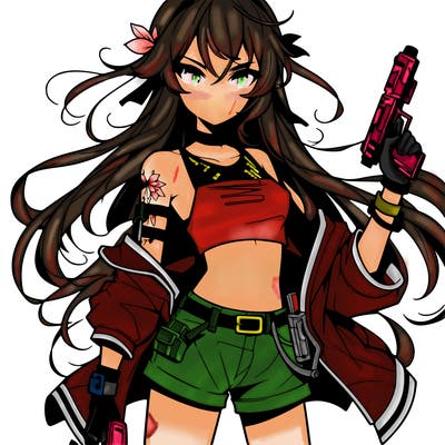 bad girl wearing crop top holding a gun long hair anime