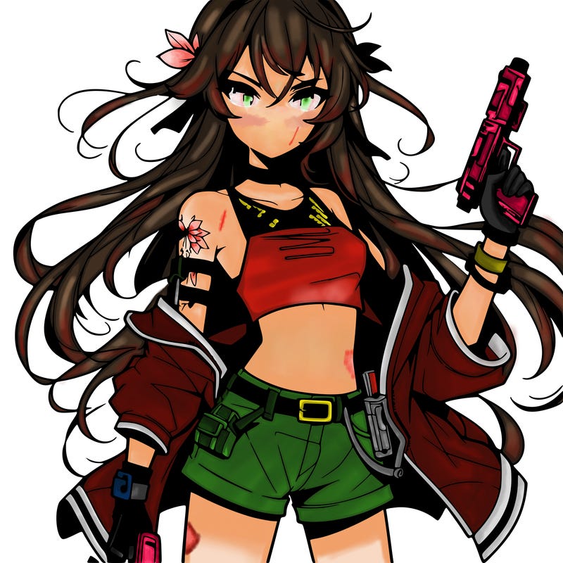 bad girl wearing crop top holding a gun long hair anime