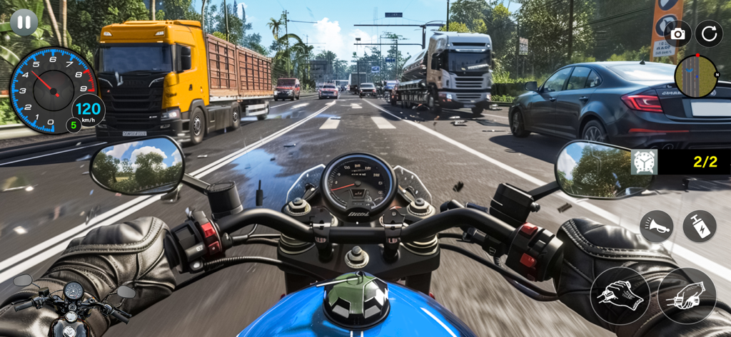 Perspectiva em primeira pessoa de uma moto correndo pelo tráfego da autoestrada em um simulador realista