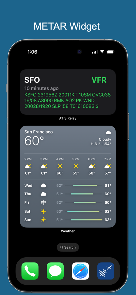 Pantalla de inicio del iPhone que muestra un widget METAR de aviación para el aeropuerto SFO que indica condiciones de vuelo VFR