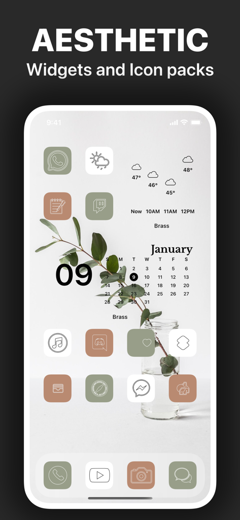 Brass - Icon Themes & Widgets - Tela de início estética personalizada do iPhone com ícones e widgets minimalistas do aplicativo Brass.