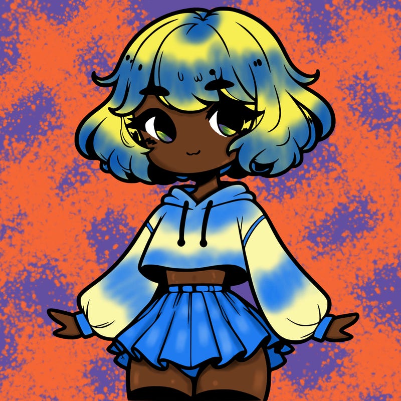 cute femboy with short, fluffy hair that softly frames their face, wearing a cropped hoodie, paired with a flouncy short skirt, and thigh-high stockings