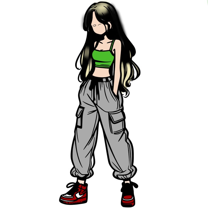 girl in baggy pants crop top and long hair