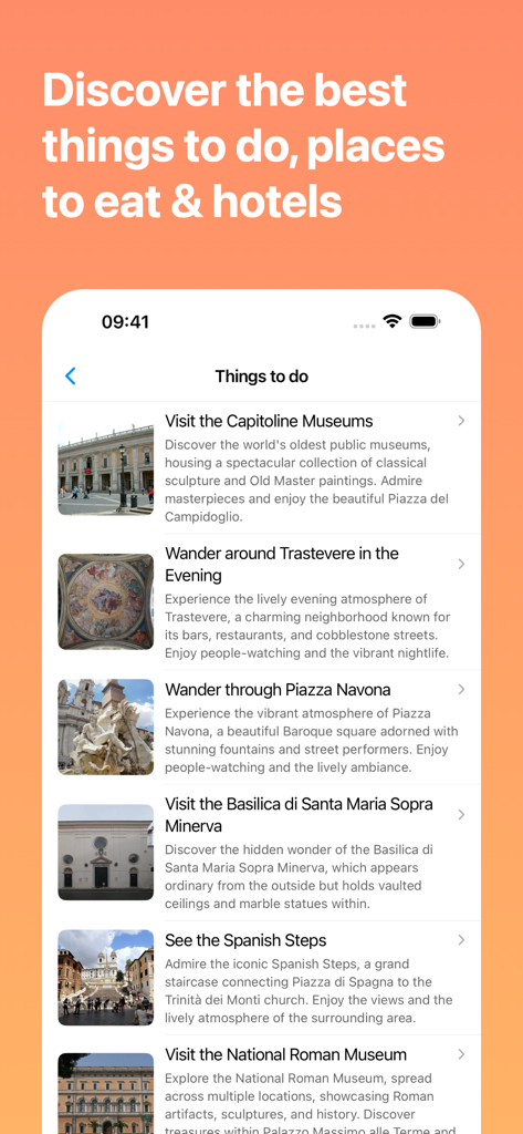 TravelBuddy AI App-Bildschirm, der eine Liste der Top-Aktivitäten und Touristenattraktionen in Rom zeigt