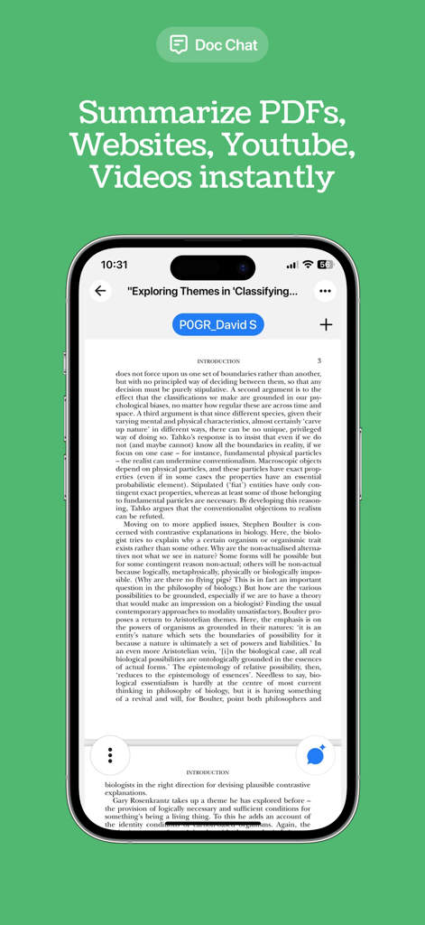 Shepherd: AI study co-pilot - iPhone screen showing the Shepherd app's Doc Chat feature summarizing a PDF document about academic themes.