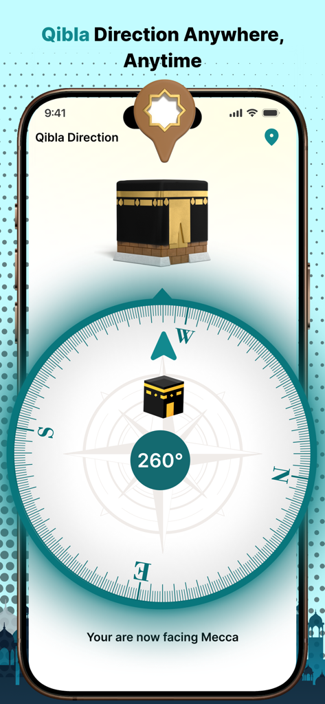 Quran-al-Hikma : Ramadan 2026 - Digital Qibla compass on a mobile phone showing direction to Mecca
