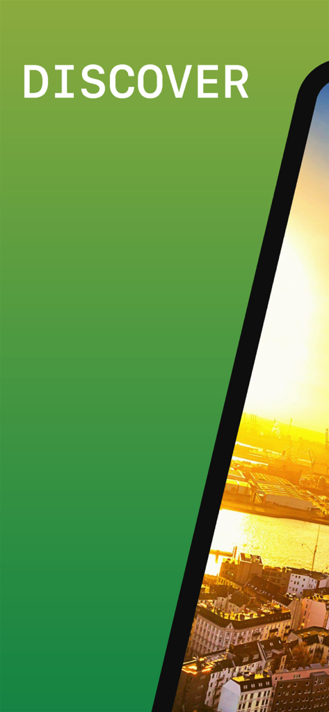 도시의 일몰 풍경과 'discover'라는 단어가 표시된 함부르크 여행 가이드 앱의 홍보 화면