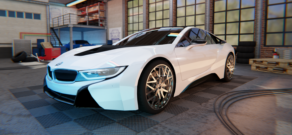 Weißer Sportwagen mit individuellen silbernen Felgen in einer Werkstattgarage