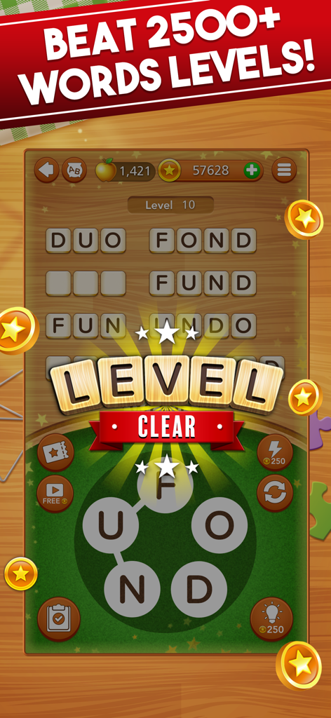 Word Collect : Word Search - Mobile word search game interface showing a level clear screen with completed word puzzles.