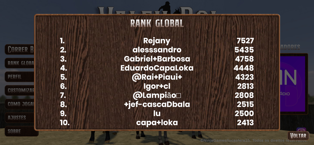 Valeu Boi: O Jogo da Vaquejada - Global rankings leaderboard showing the top ten players in the Valeu Boi Vaquejada mobile game