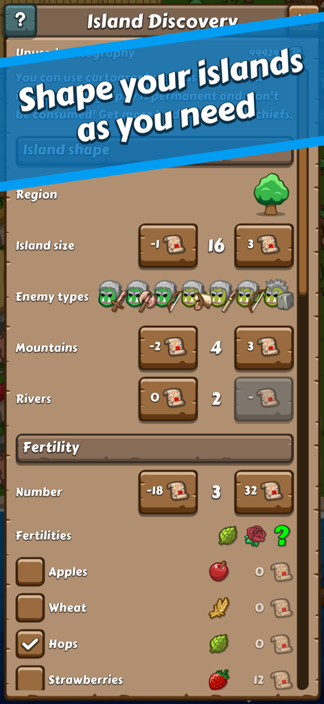 Interface for customizing island size enemy types and production resources in Paragon Pioneers 2