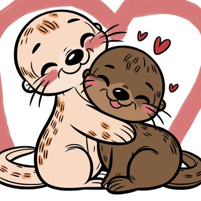 two otters hugging