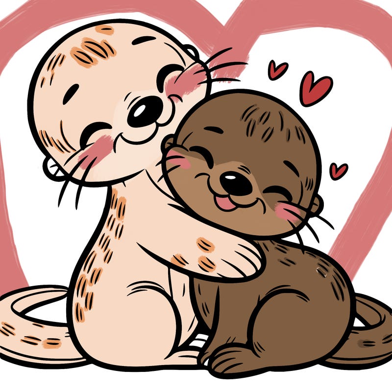 two otters hugging