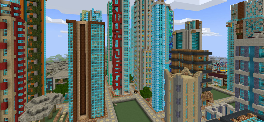 PrimalСraft 3D: Block Building - Una vista amplia de una ciudad moderna con rascacielos altos y coloridos construidos con bloques en PrimalCraft 3D