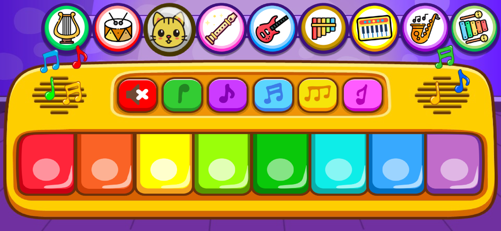 Piano Kids - Music & Songs NEW - Colorful digital piano interface for kids with rainbow keys and instrument selection icons