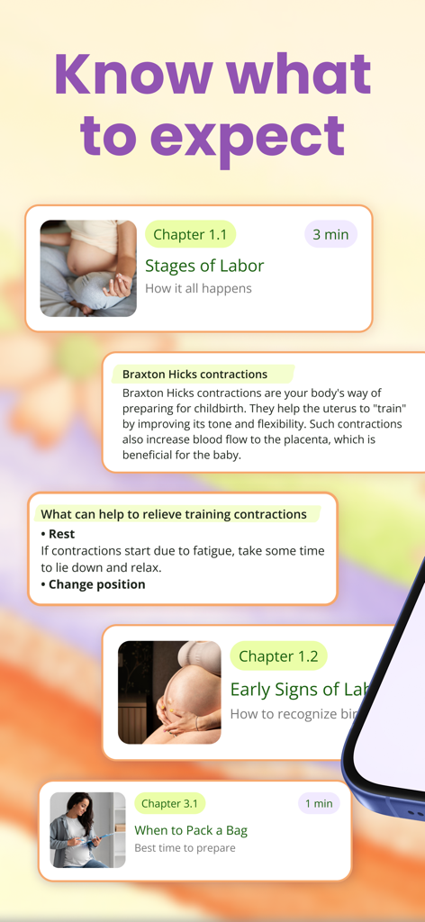 Contraction Timer · Counter - Guía de nacimiento educativa que muestra las etapas del parto y consejos para el embarazo.