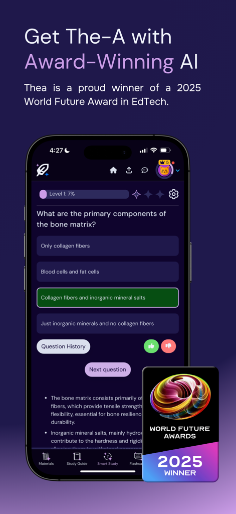 Die Thea-App-Oberfläche zeigt ein KI-generiertes Quiz zu Biologie und eine Auszeichnung des World Future Award 2025.