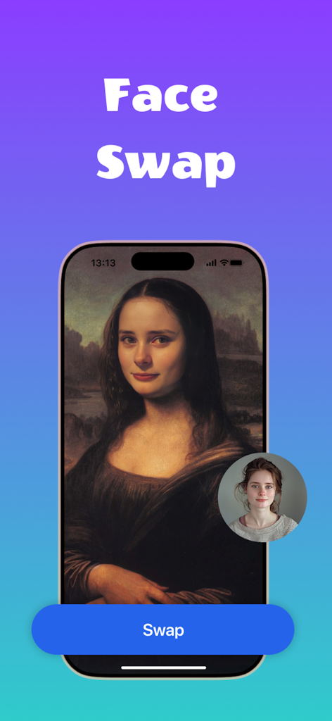 Remaker: AI Face Swap - A mobile app interface showing a face swap of a woman onto the Mona Lisa portrait.