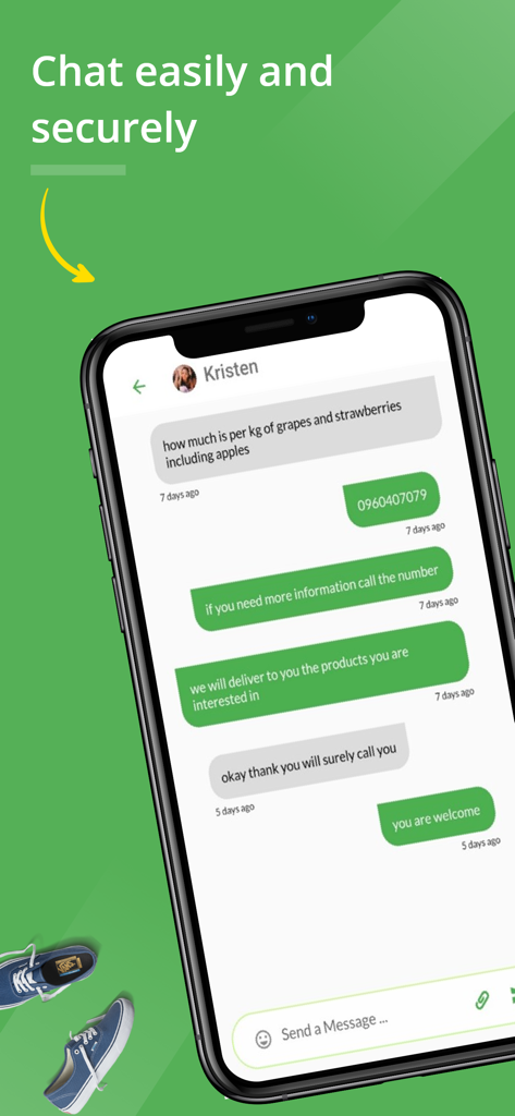 Secure in-app chat interface of TreeMarket showing a conversation between a buyer and seller about local product delivery