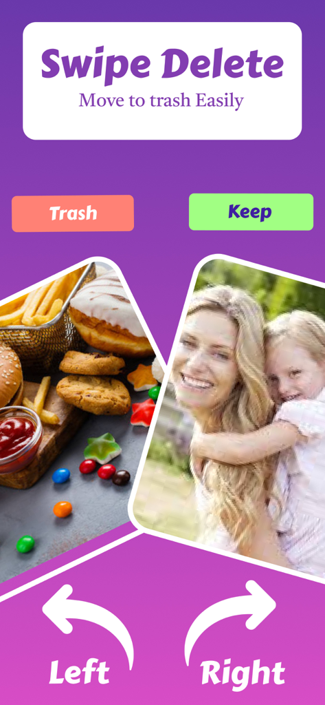 Fast Cleaner: AI Photo Clean - Interface of the Fast Cleaner app showing the swipe to delete feature for organizing gallery photos.