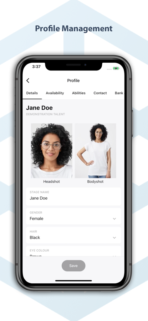 Pantalla de gestión de perfil de talento de la app You Me & Co que muestra la foto principal de un artista y sus atributos físicos.