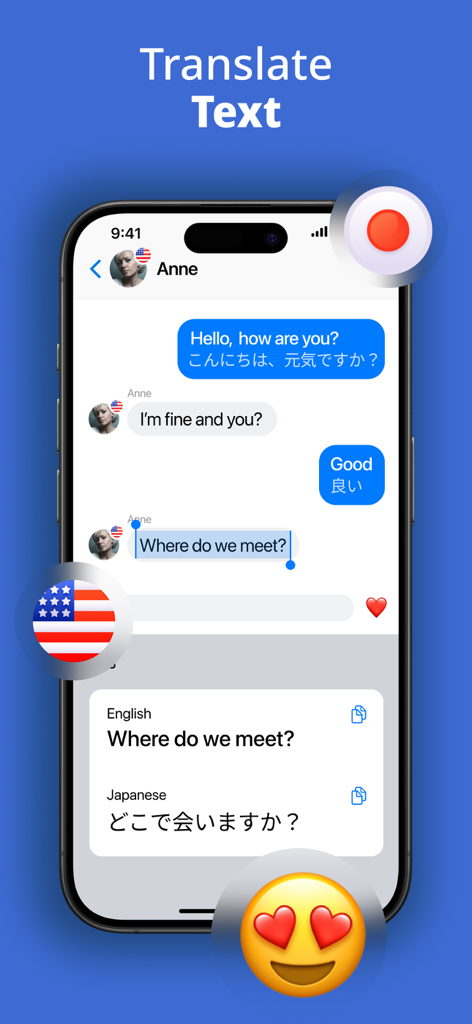 Écran de smartphone montrant l'application Clavier Traducteur traduisant en temps réel un message de discussion anglais en japonais