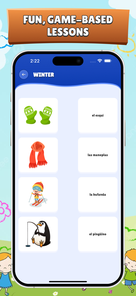 Spanish for Kids and Beginners - Interactive matching game for children to learn Spanish winter vocabulary